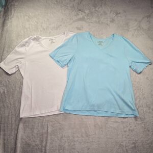 Lot of 2 Chico's Ultimate Tee Women's 2 Large White Blue 100% Cotton Shirt Top